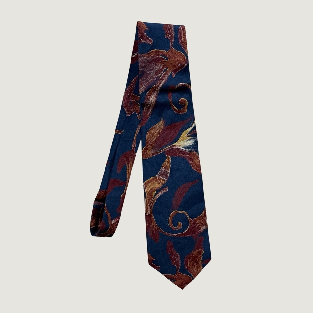 Vintage Valentino Creation‎ Italy 100% Silk Tie Floral Scroll Blue Burgundy